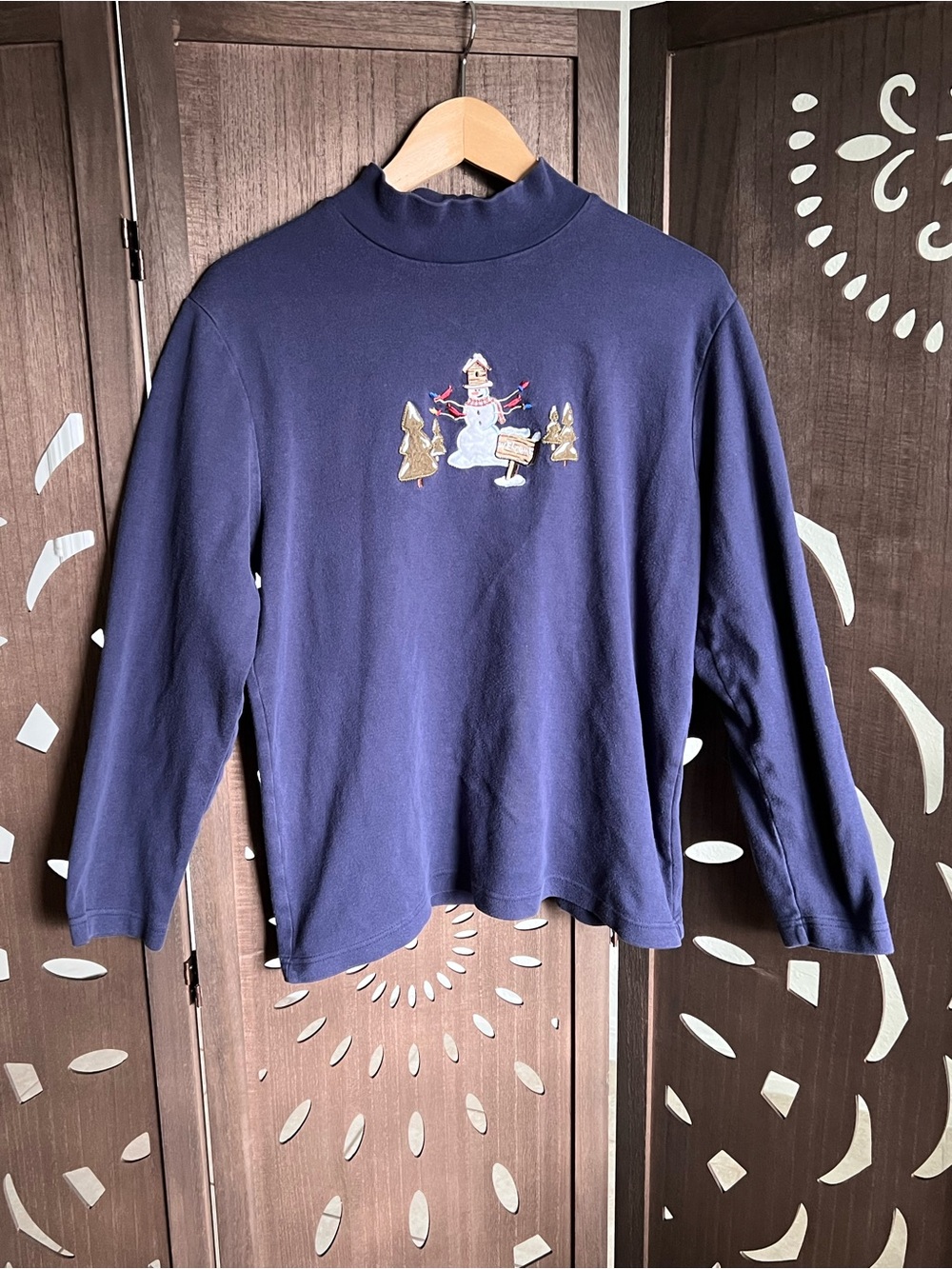 croft & barrow Navy Blue Christmas Snowman Embroidered Mock Neck Top